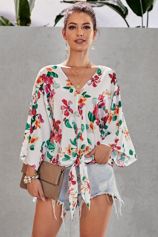 Floral V-Neck Tie Front Top