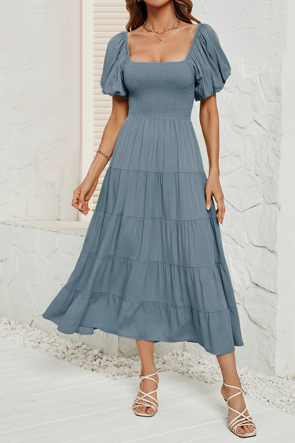 Smocked Square Neck Puff Sleeve Dress