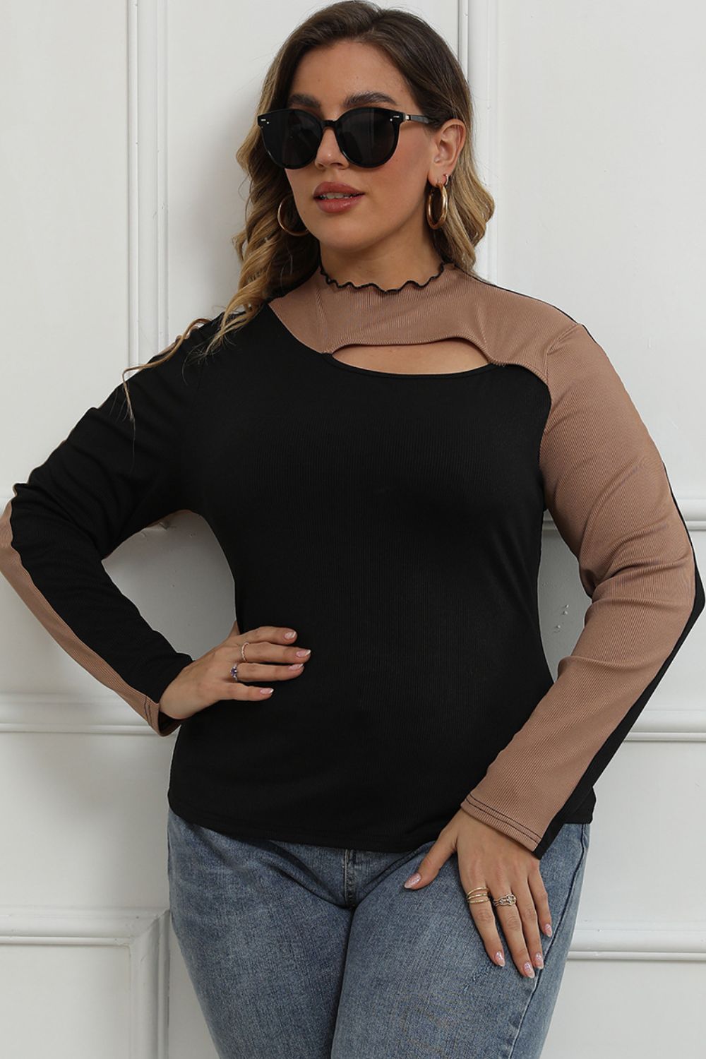 Plus Size Two-Tone Cutout Long Sleeve Top