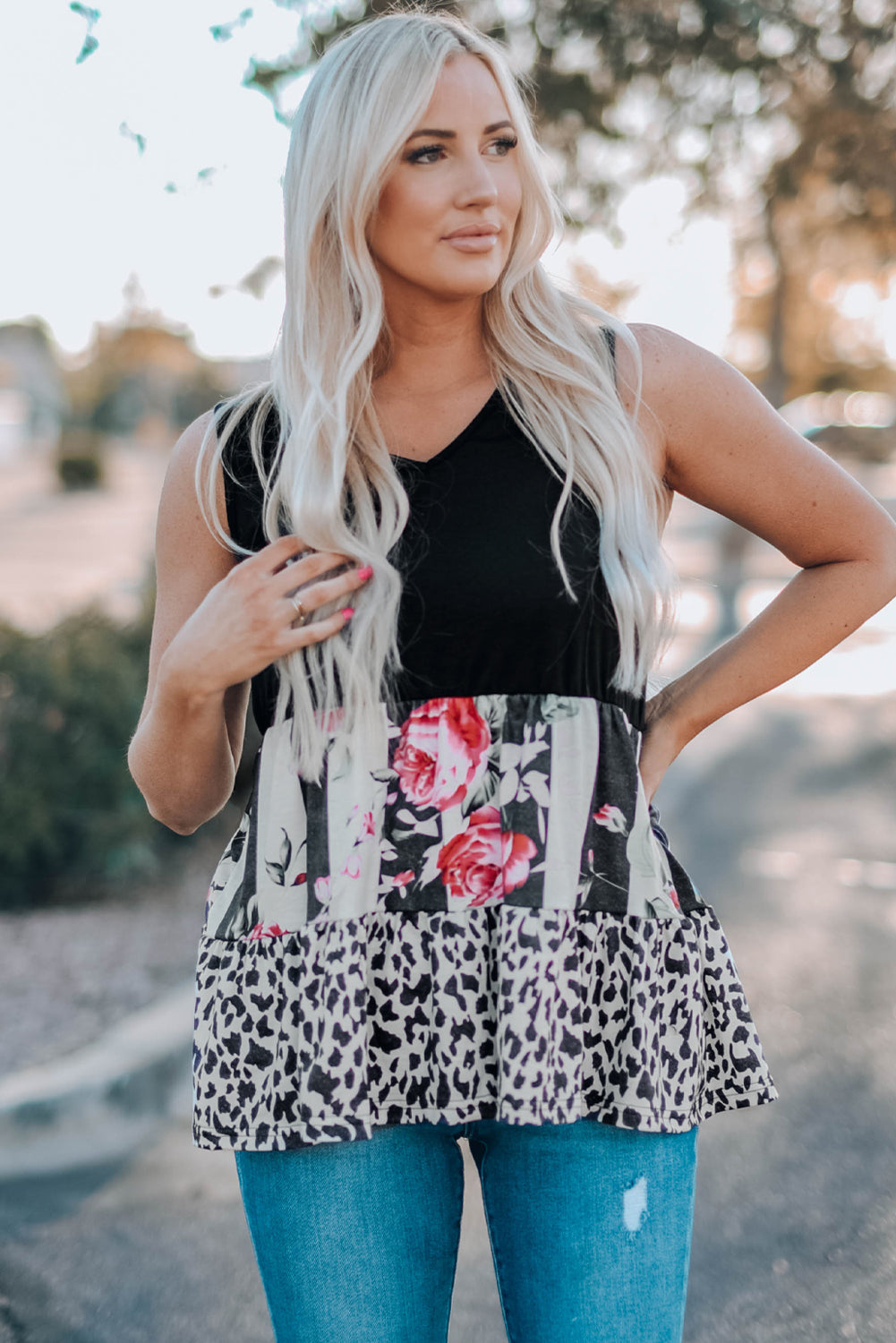 Leopard Floral Color Block V-Neck Tank Top