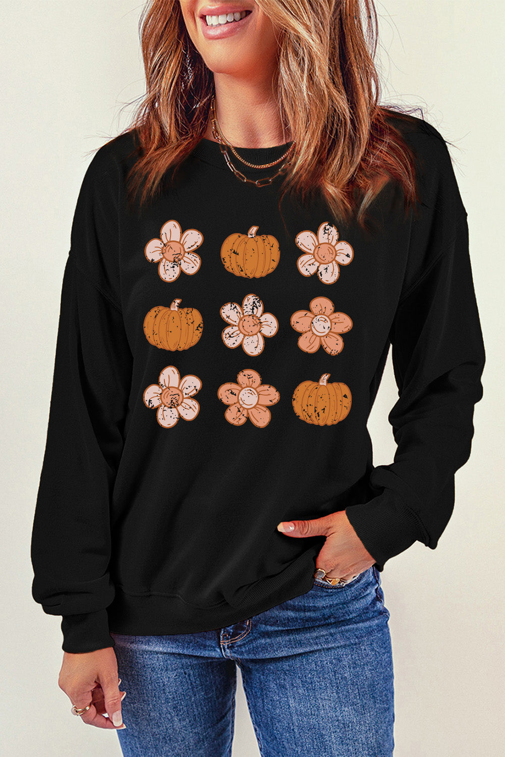 Round Neck Long Sleeve Pumpkin & Flower Graphic Sweatshirt