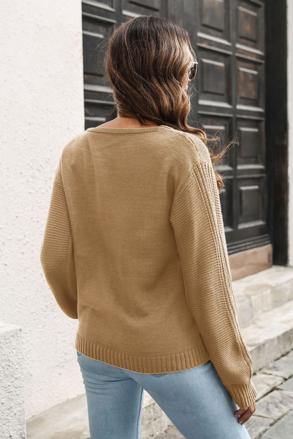 Ribbed Scoop Neck Long Sleeve Pullover Sweater