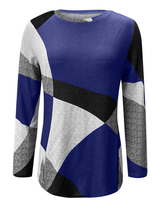 Color Block Round Neck Long Sleeve T-Shirt