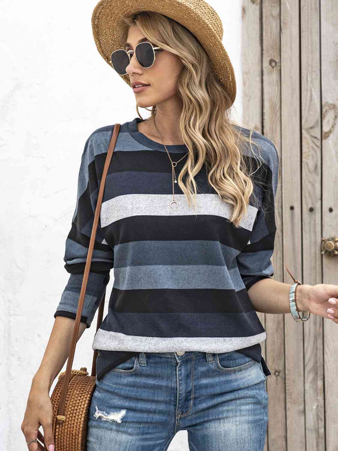 Striped Drop Shoulder Round Neck T-Shirt