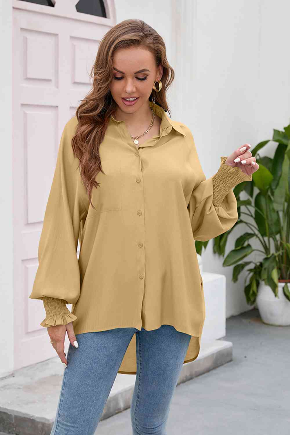 High-Low Collared Neck Lantern Sleeve Shirt