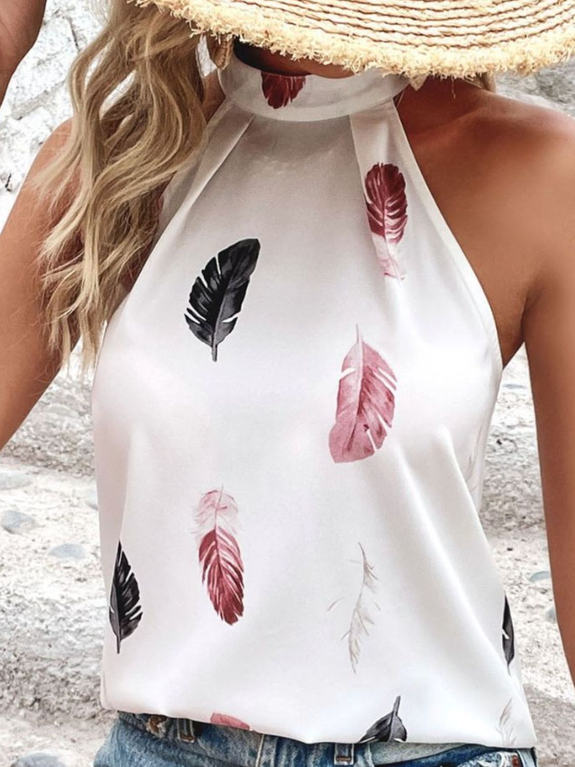 Feather Print Grecian Neck Tank