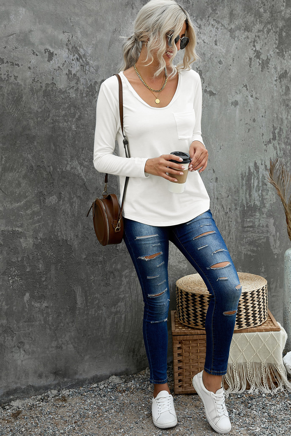 Chest Pocket V-Neck Curved Hem Top