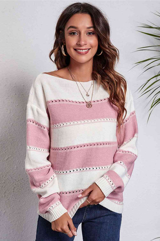 Striped Boat Neck Dropped Shoulder Sweater