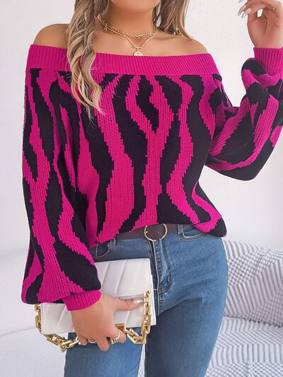 Off-Shoulder Animal Print Long Sleeve Sweater