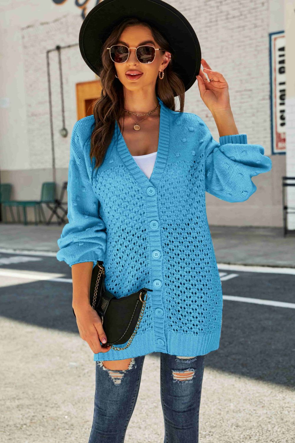 Swiss Dot Openwork Button Front Longline Cardigan