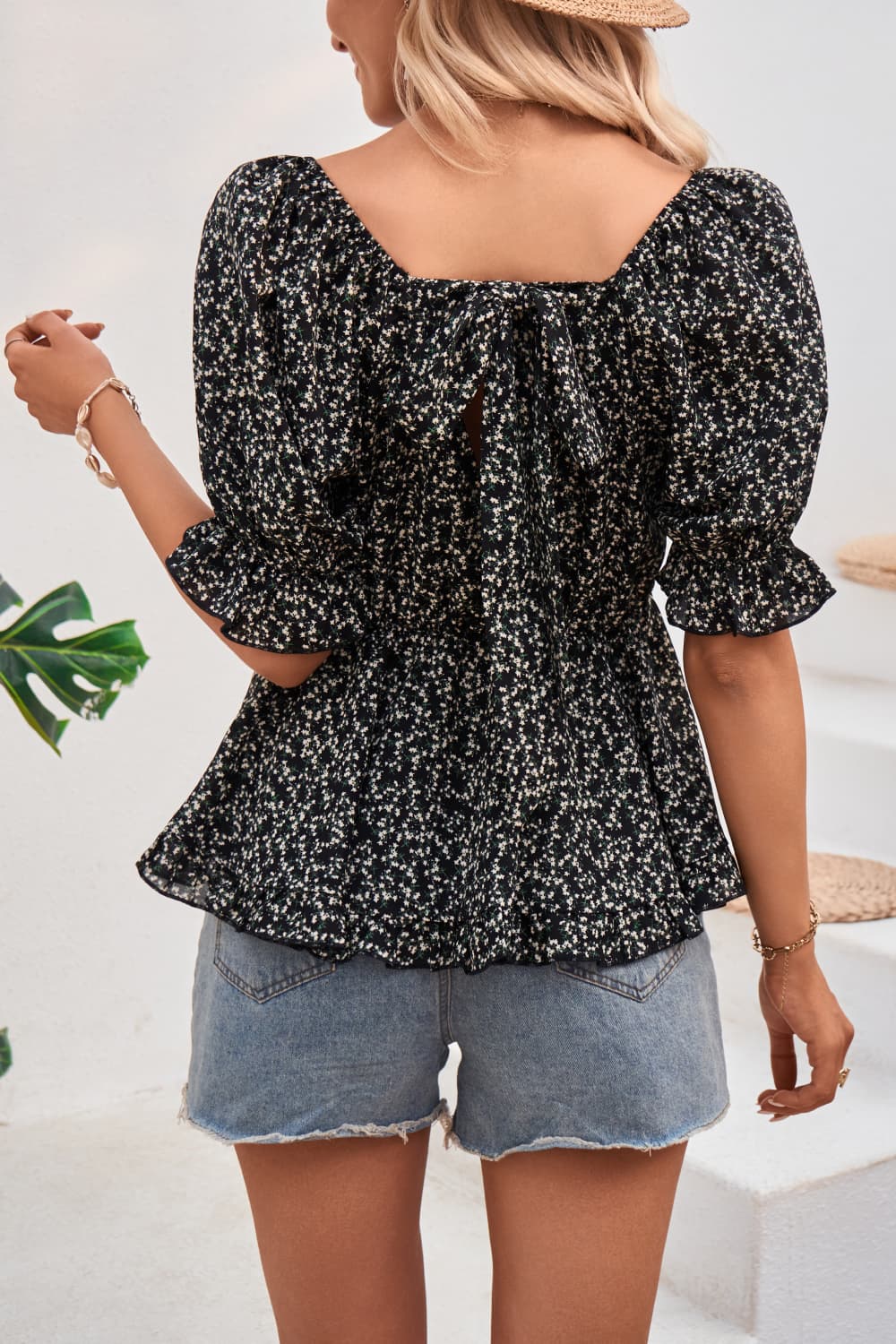 V-Neck Flounce Sleeve Blouse