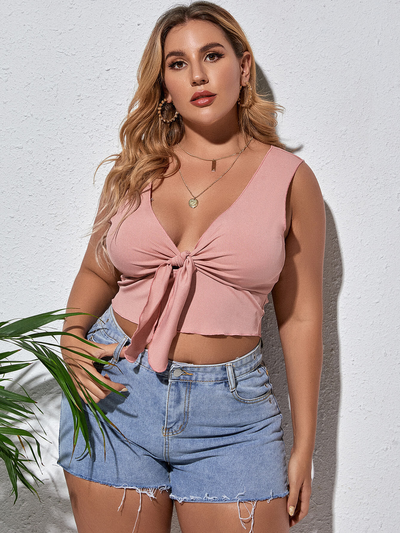 Plus Size Tie Front Sleeveless Plunge Crop Top