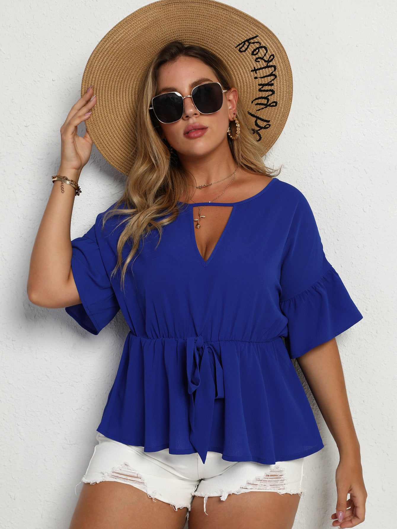 Plus Size Tied Cutout Flare Sleeve Peplum Top