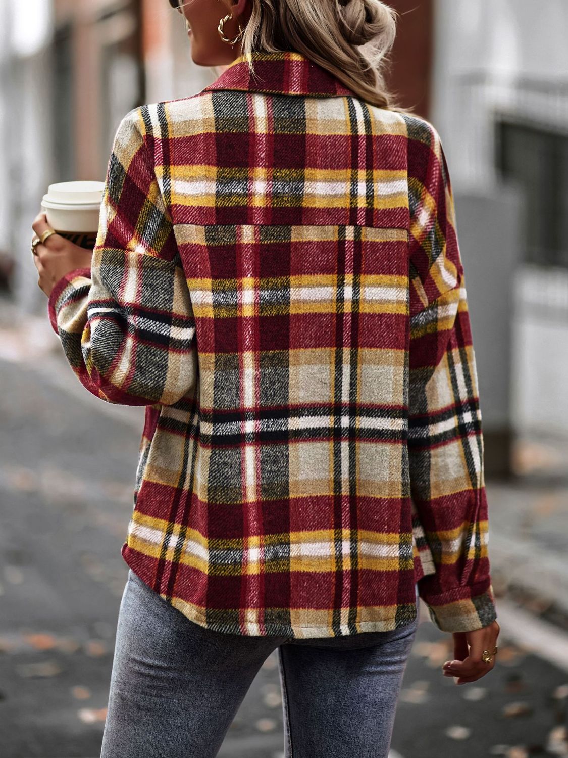 Plaid Button Front Brushed Shacket with Breast Pockets