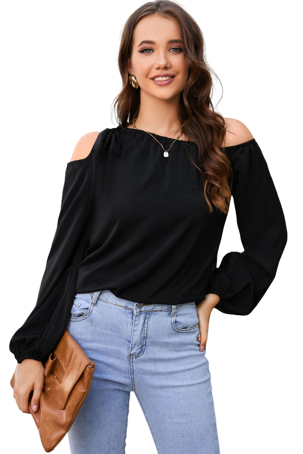 Tied Asymmetrical Neck Cold-Shoulder Blouse