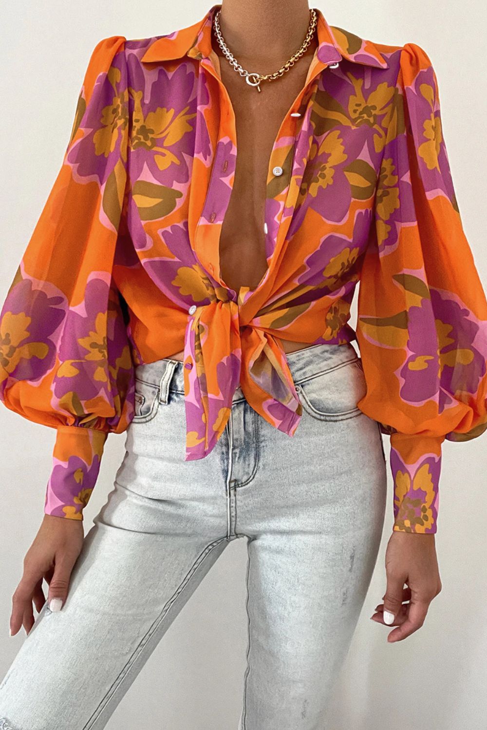 Flower Print Collared Neck Lantern Sleeve Shirt