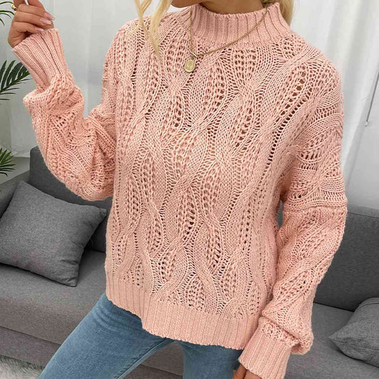 Cable-Knit Mock Neck Long Sleeve Sweater