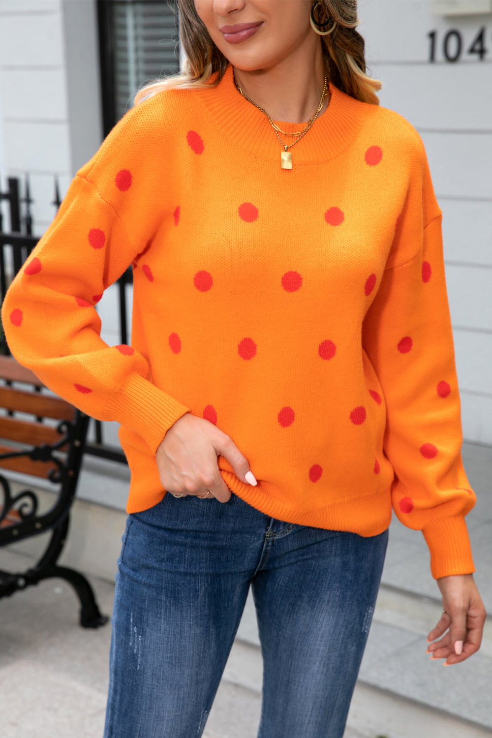 Polka Dot Round Neck Dropped Shoulder Sweater