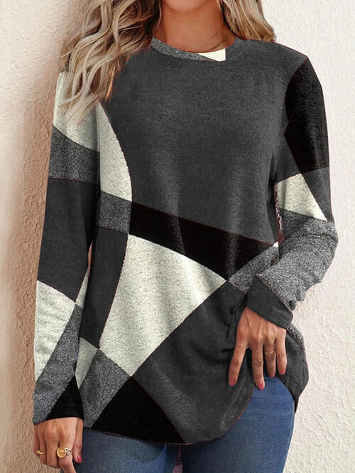 Color Block Round Neck Long Sleeve T-Shirt