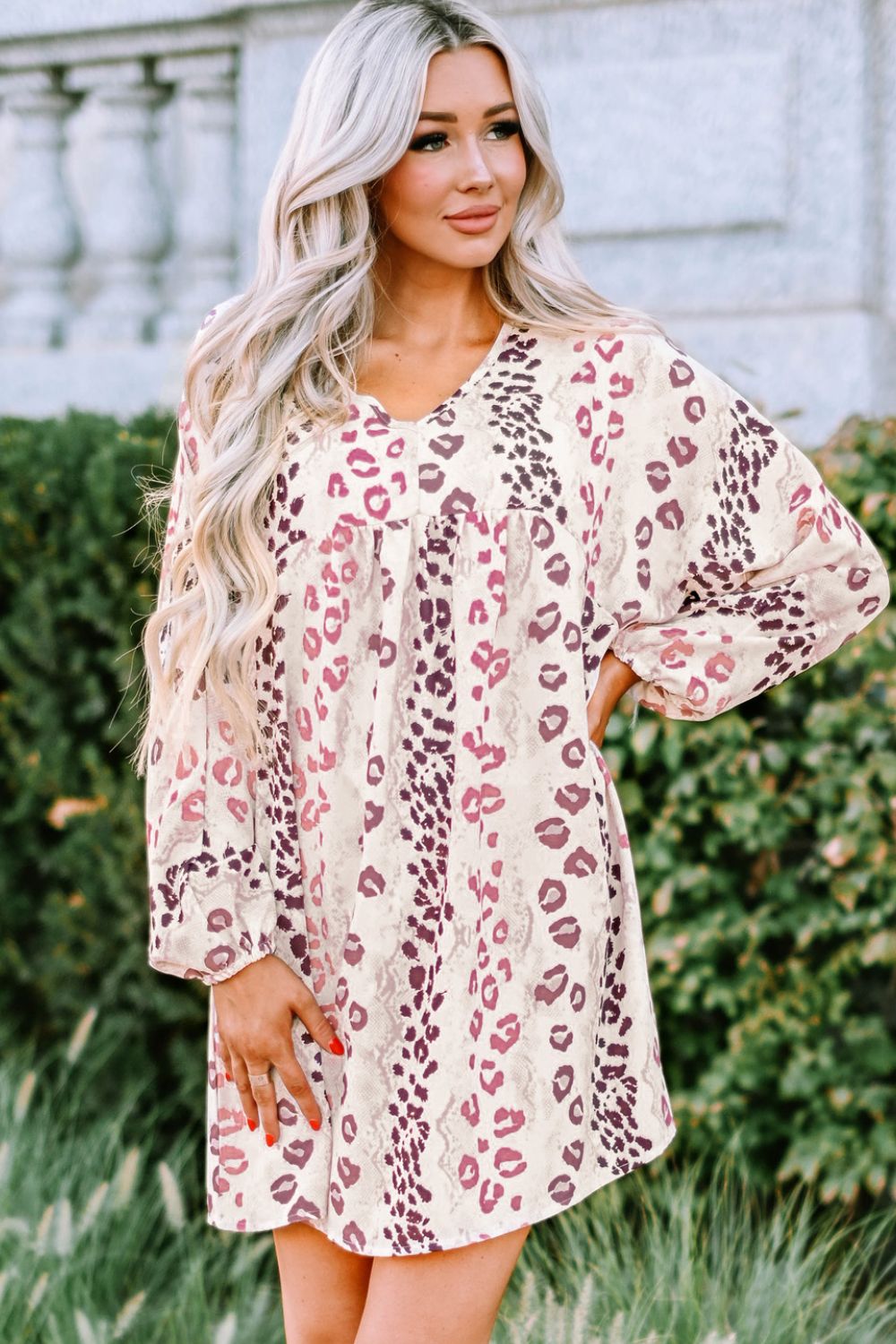 Leopard V-Neck Balloon Sleeve Babydoll Dress