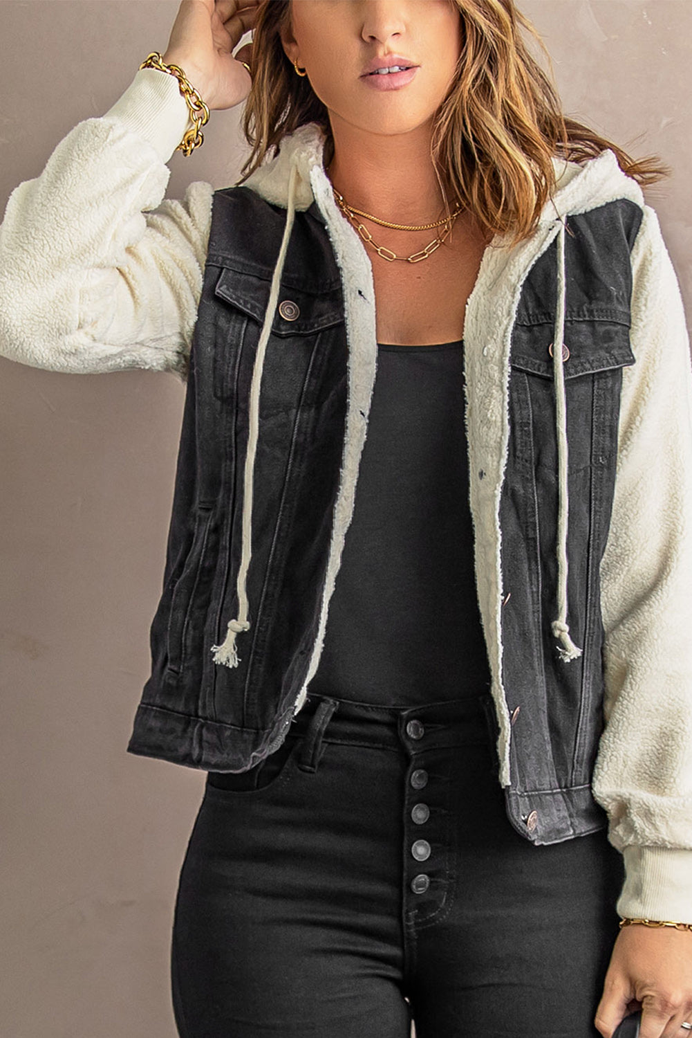 Two-Tone Spliced Denim Sherpa Hooded Jacket