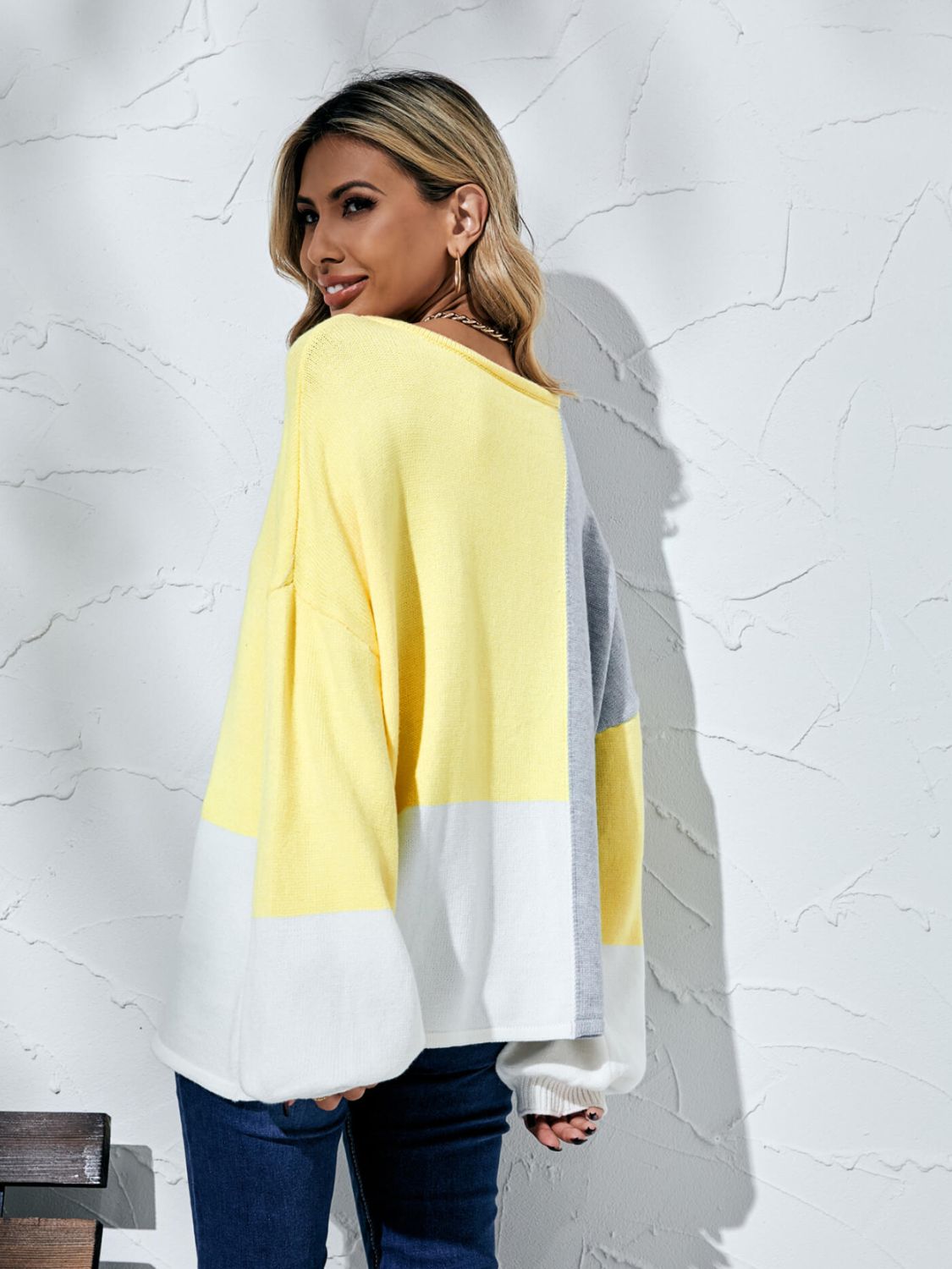 Color Block Balloon Sleeve Boat Neck Sweater