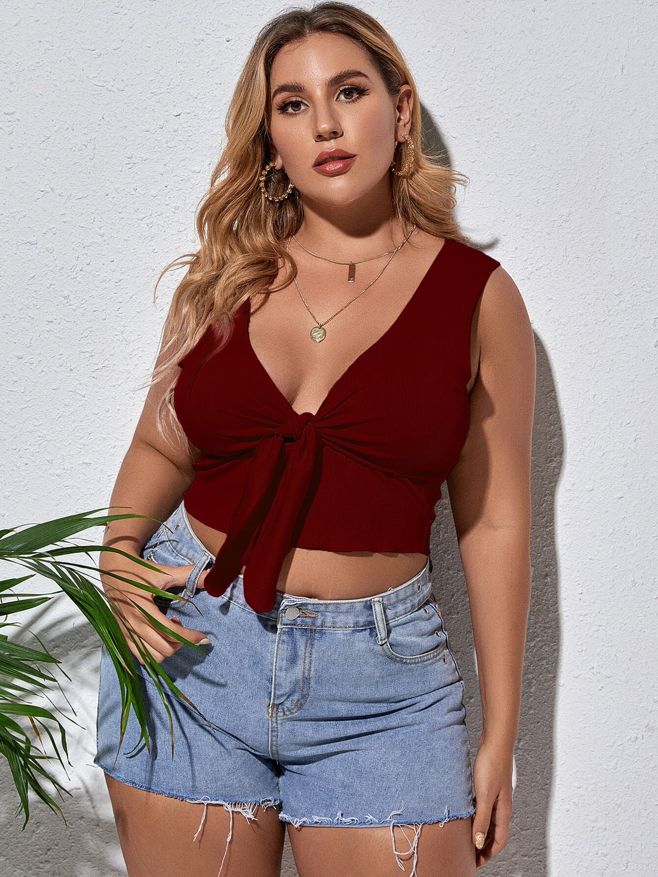 Plus Size Tie Front Sleeveless Plunge Crop Top