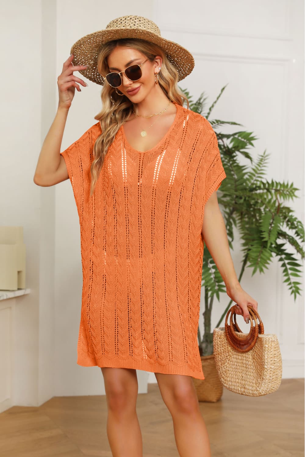 Openwork Side Slit Knit Dress