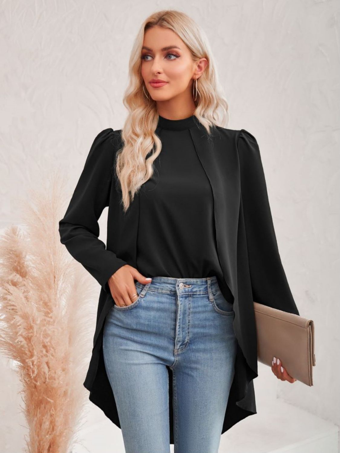 Long Puff Sleeve High-Low Blouse