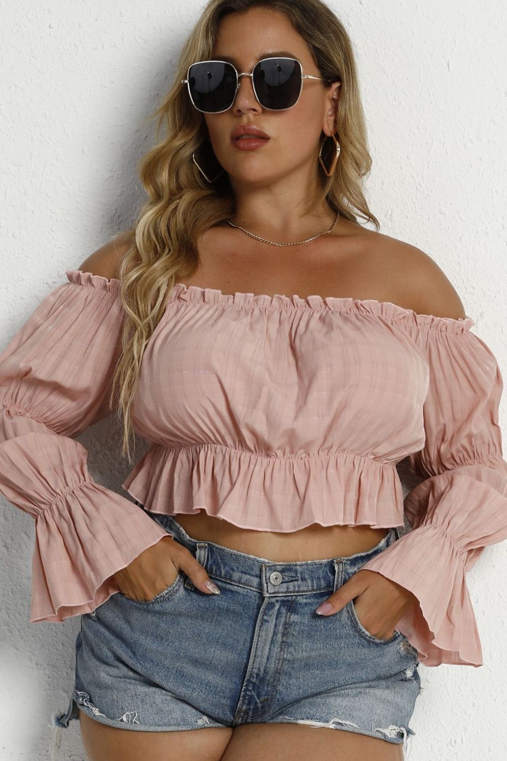 Plus Size Frill Trim Bubble Sleeve Off-Shoulder Peplum Blouse