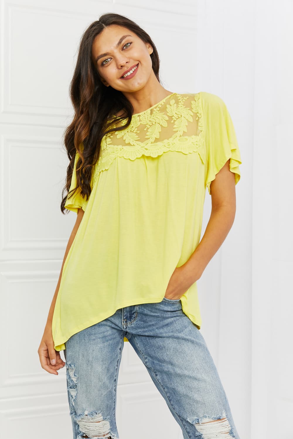 Culture Code Ready To Go Full Size Lace Embroidered Top in Yellow Mousse