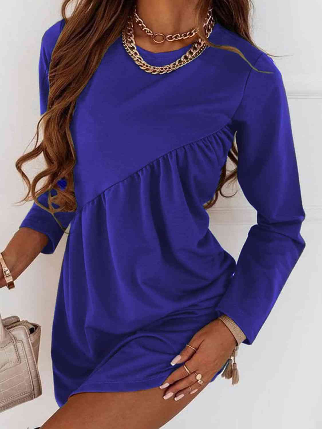 Ruched Round Neck Long Sleeve Dress