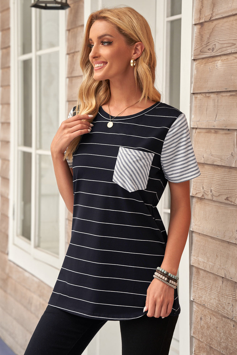 Striped Contrast Front Pocket T-Shirt