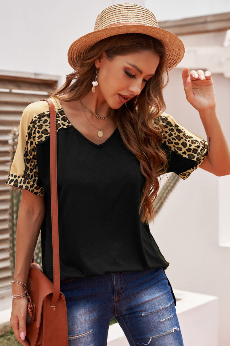 Leopard Print Color Block Sleeves Tunic Top