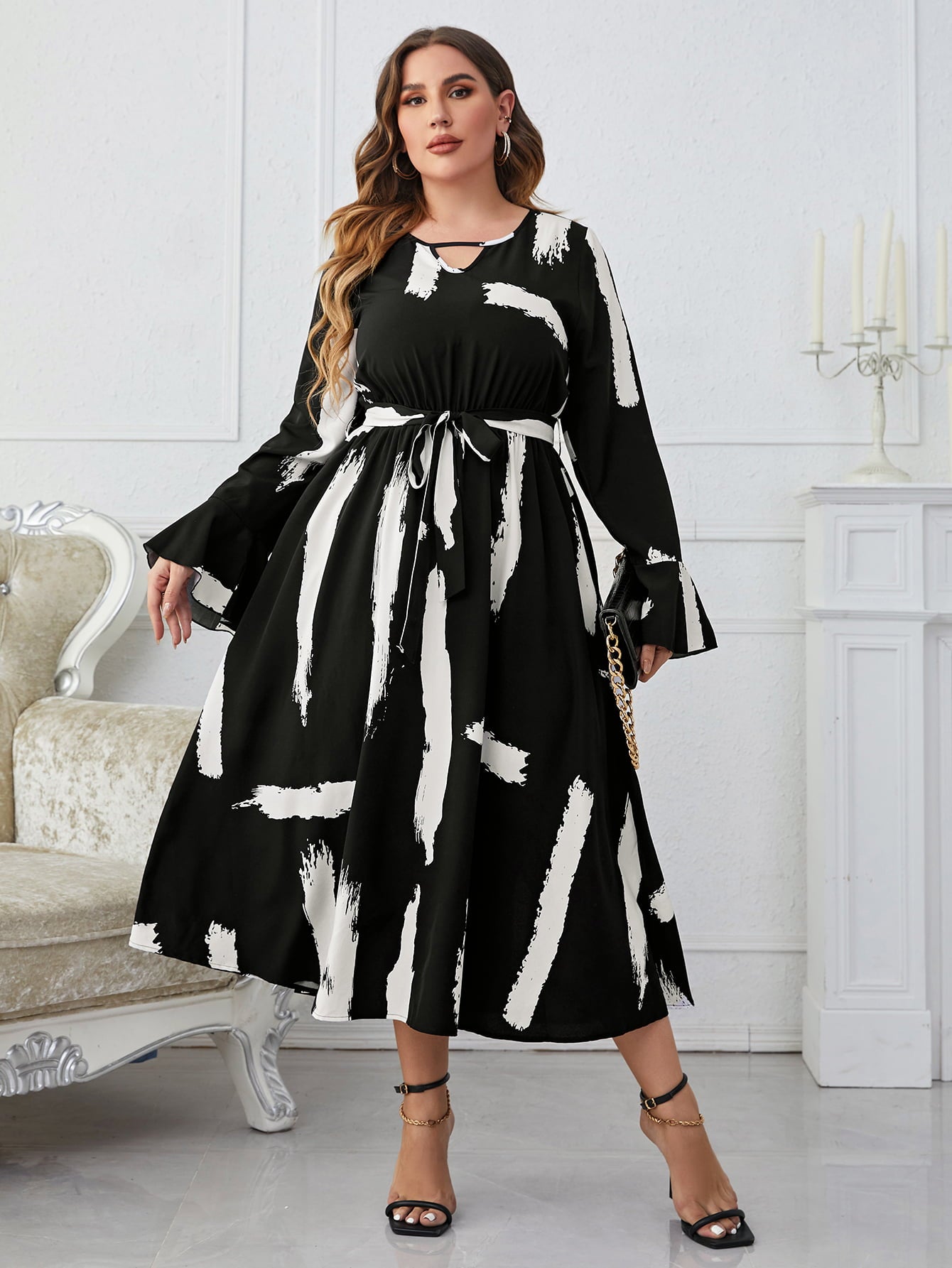 Plus Size Printed Tie Belt Flare Sleeve Round Neck Midi Dress