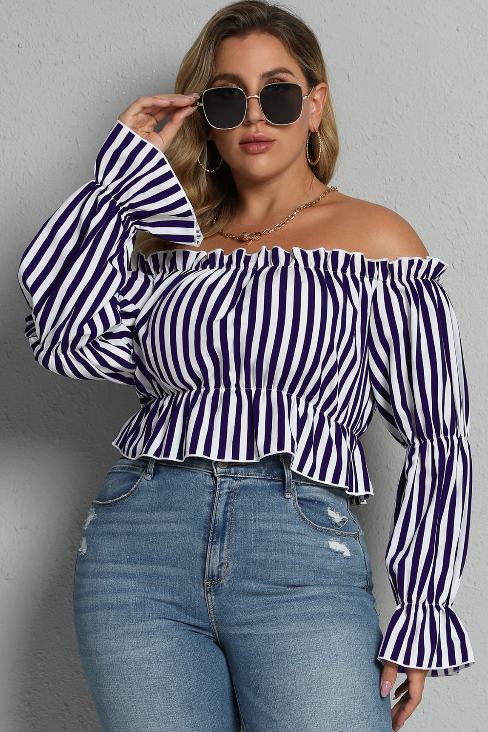 Plus Size Striped Frill Off-Shoulder Peplum Blouse