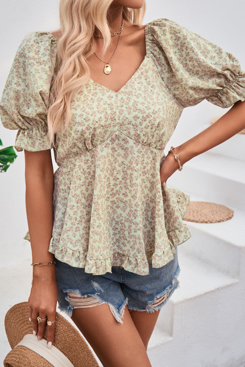 V-Neck Flounce Sleeve Blouse