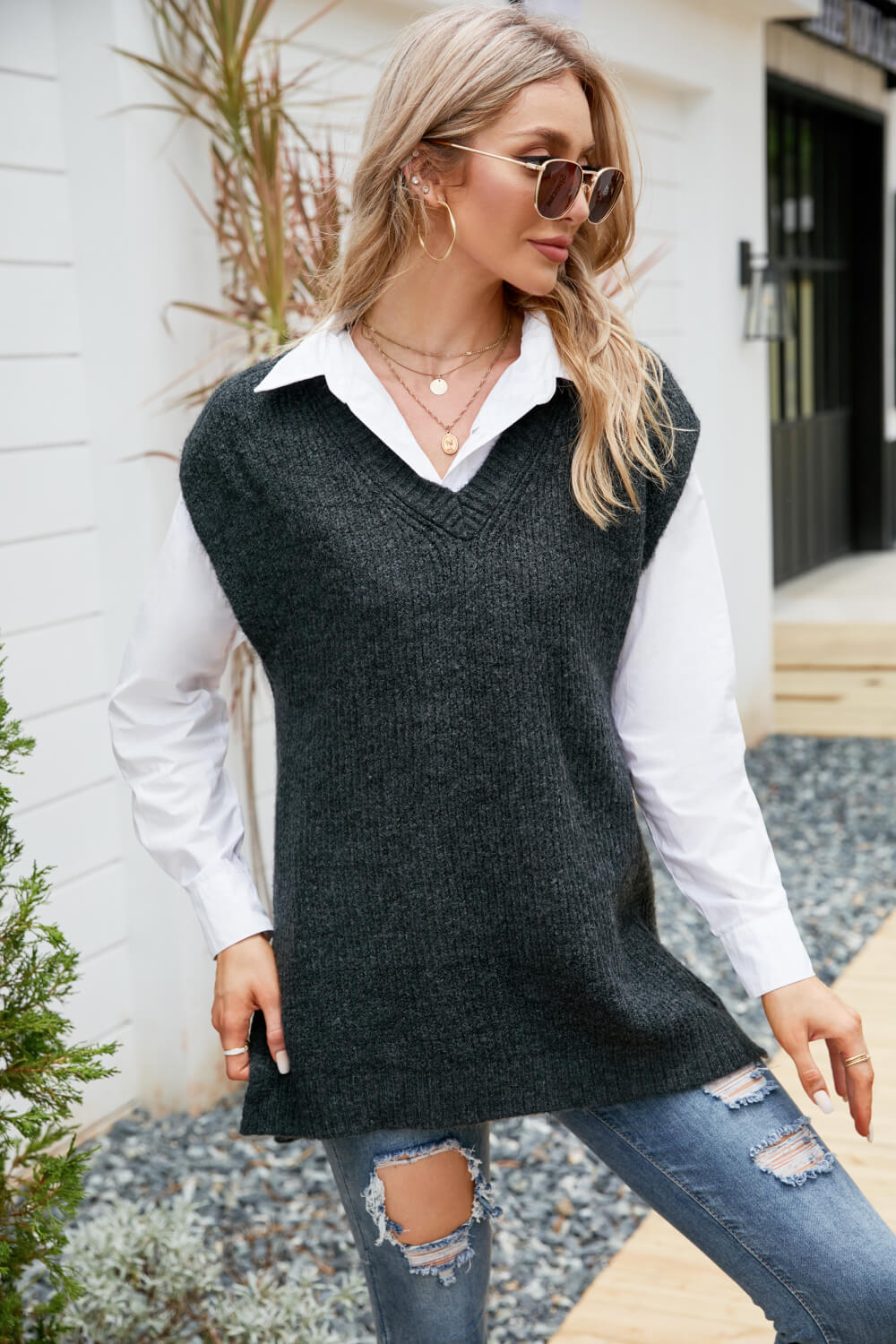 V-Neck Side Slit Sweater Vest