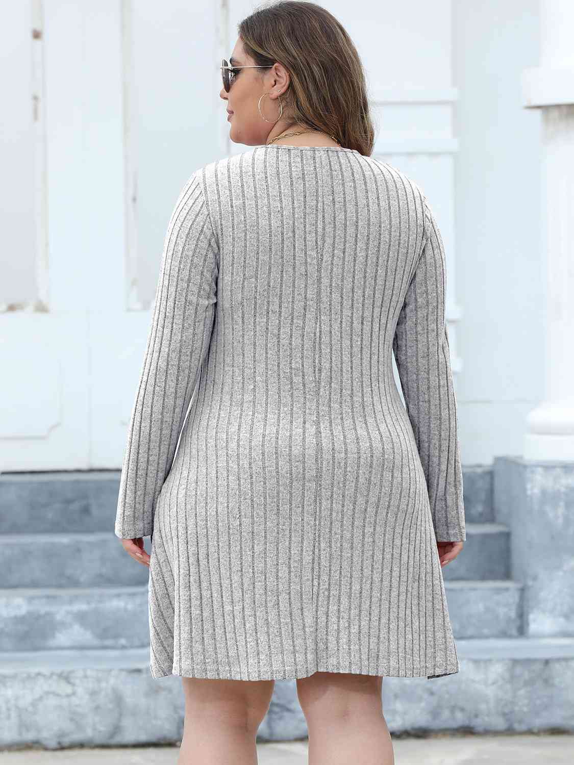 Plus Size Ribbed Buttoned V-Neck Long Sleeve Dress