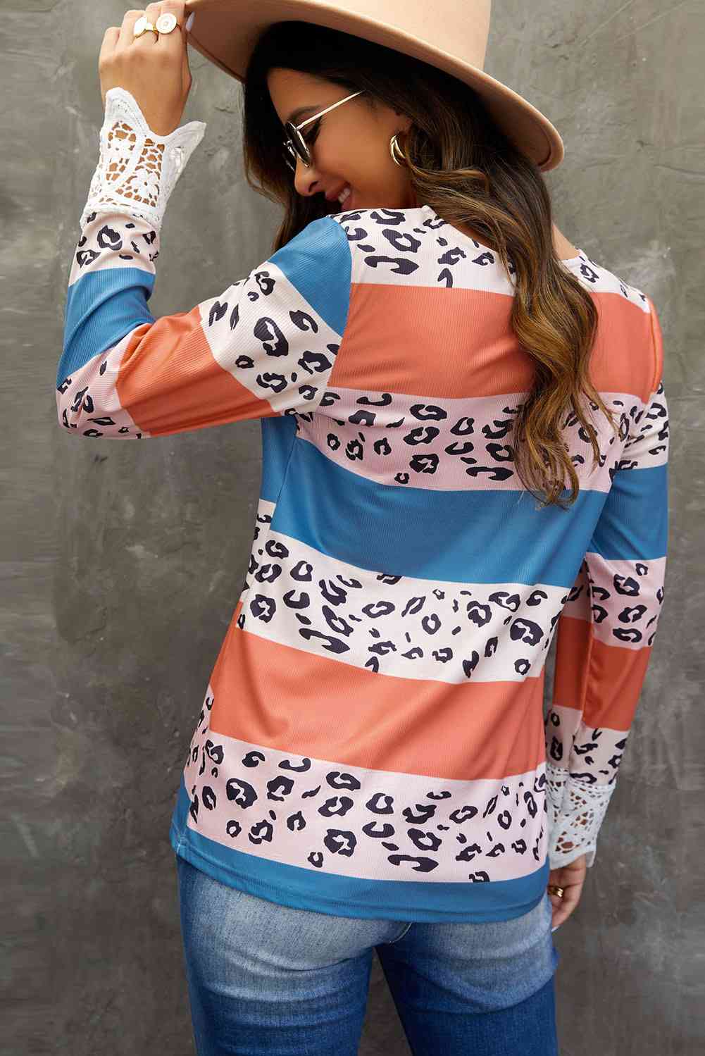 Leopard Color Block Lace Detail Blouse