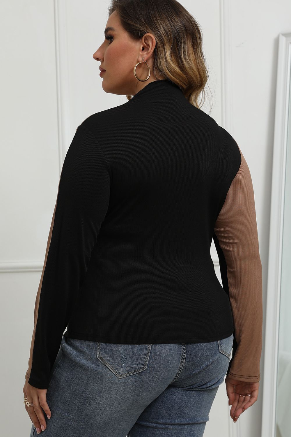 Plus Size Two-Tone Cutout Long Sleeve Top