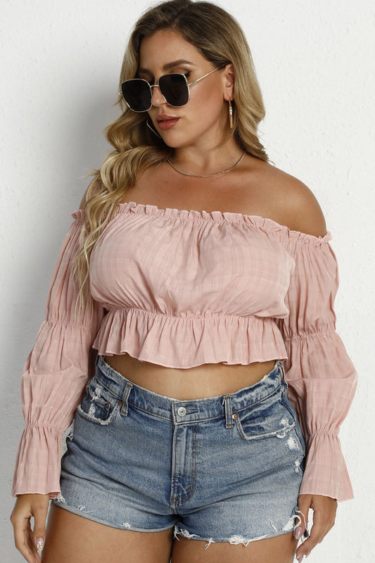 Plus Size Frill Trim Bubble Sleeve Off-Shoulder Peplum Blouse