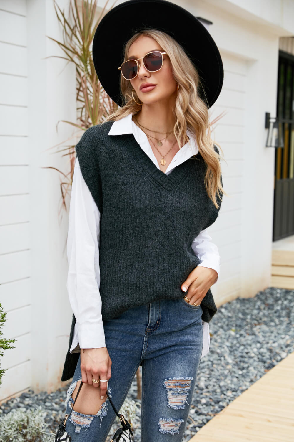 V-Neck Side Slit Sweater Vest