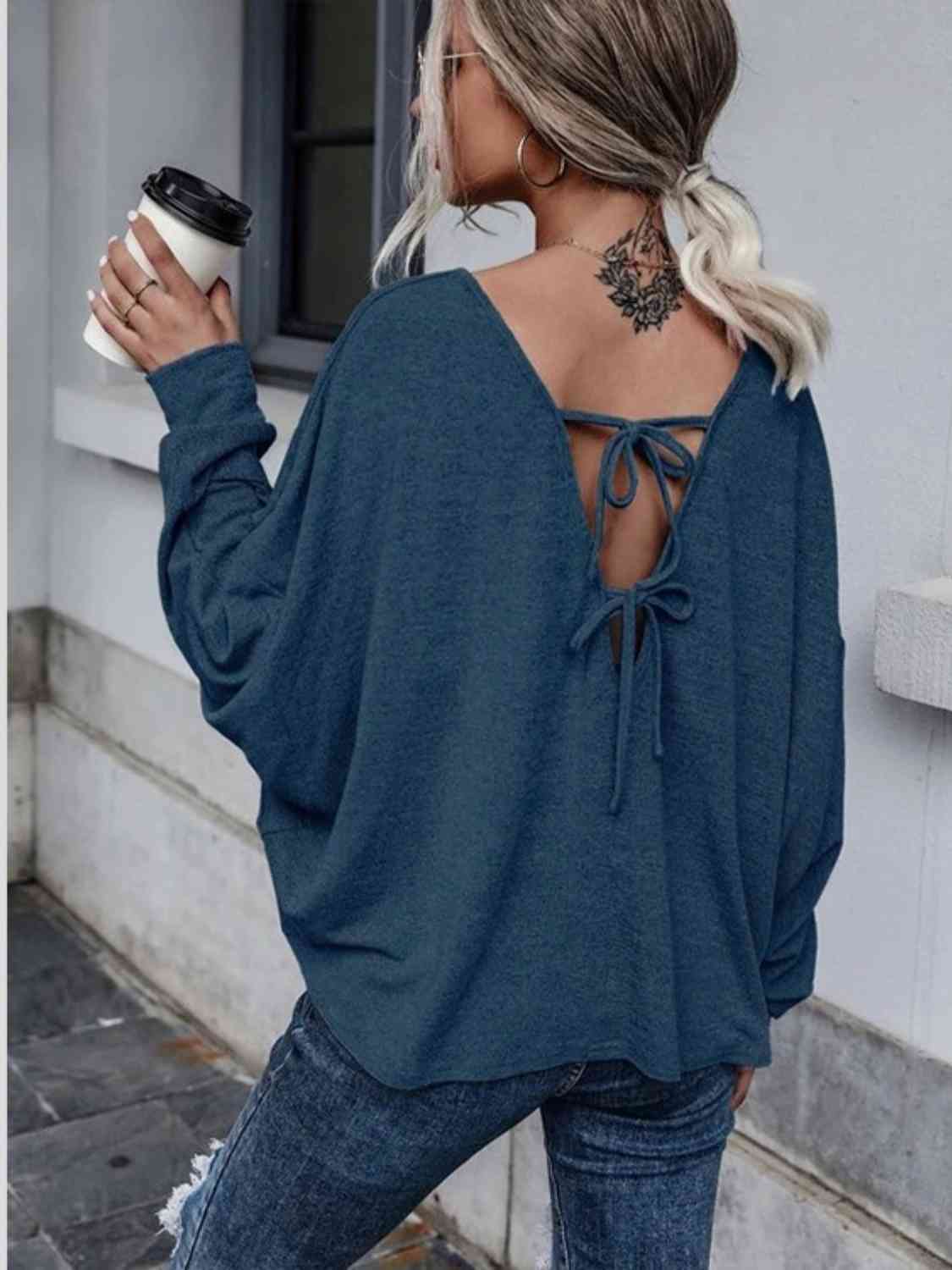 Full Size Round Neck Dropped Shoulder Tied T-Shirt