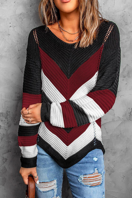 Eyelet Color Block Long Sleeve Sweater