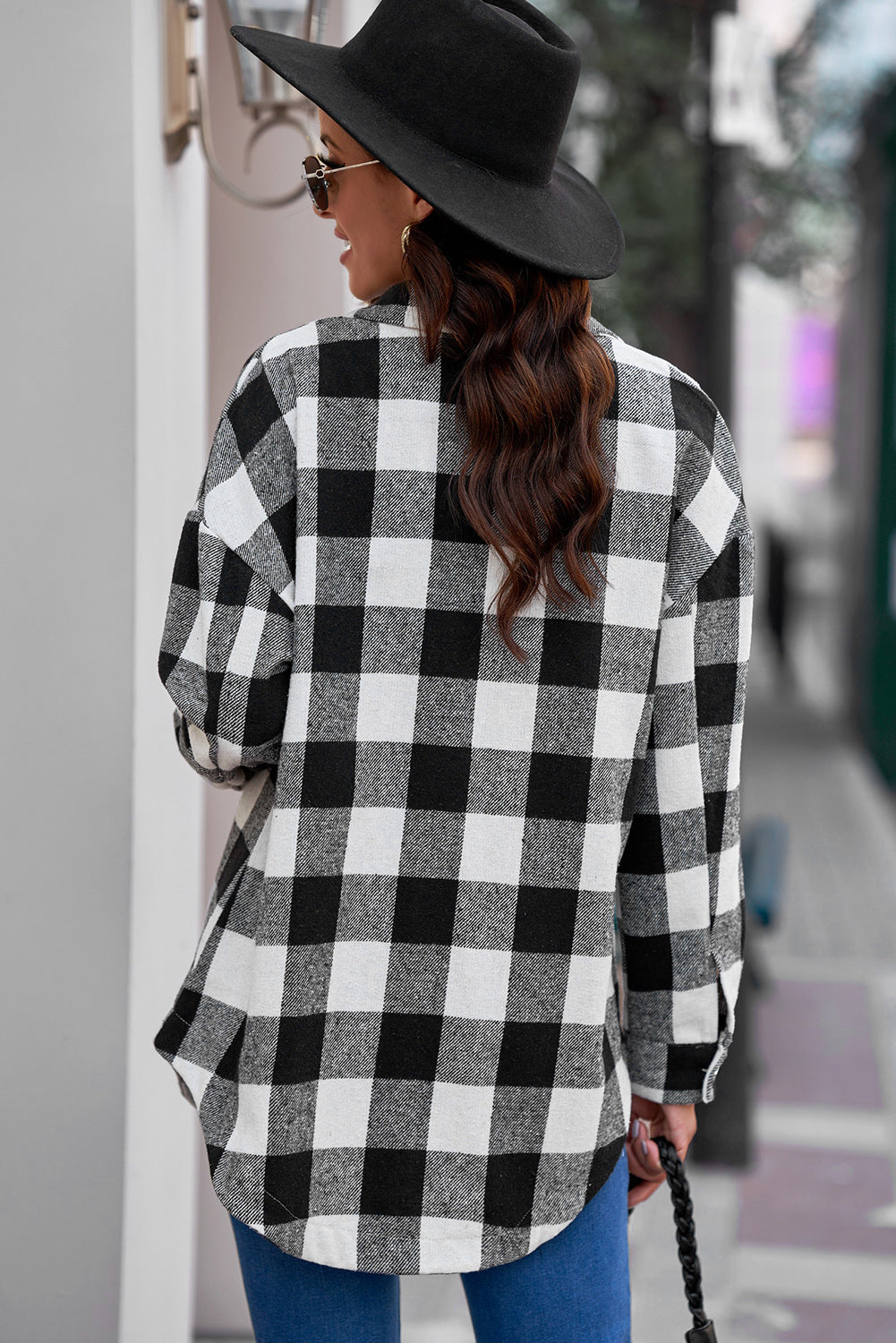 Plaid Curved Hem Dropped Shoulder Longline Shirt Jacket