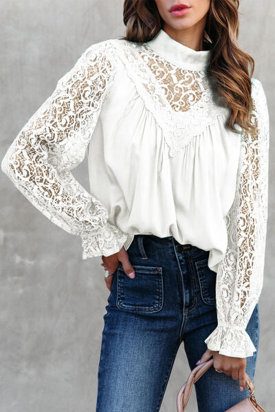 Lace Detail Mock Neck Flounce Sleeve Blouse