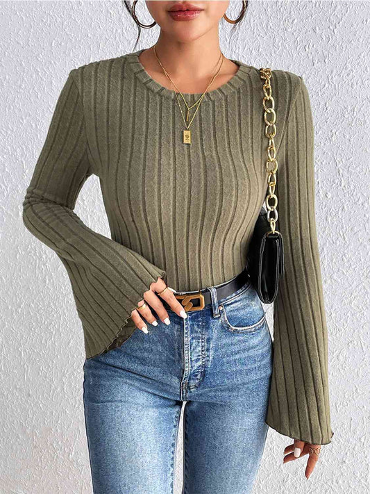 Ribbed Round Neck Flare Sleeve Top