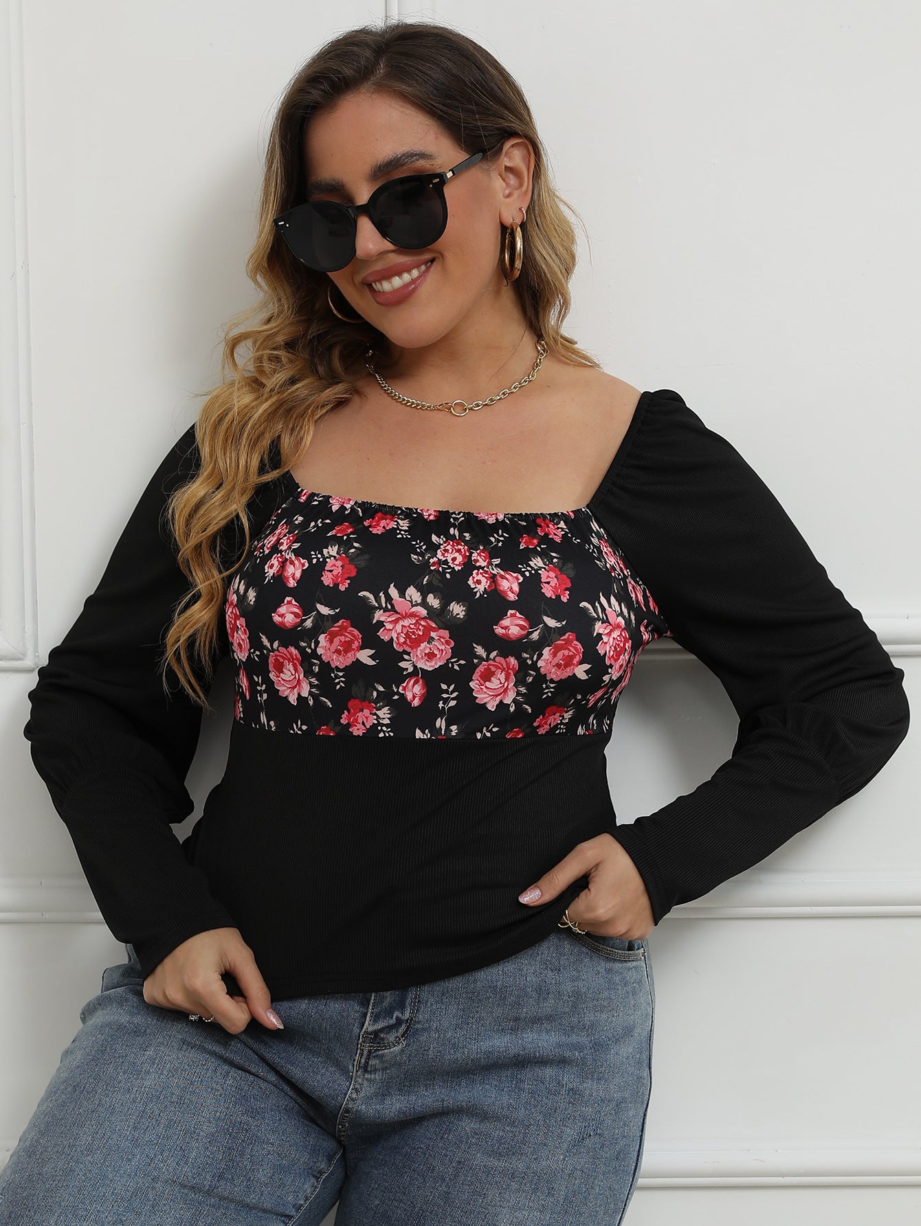 Plus Size Floral Squre Neck Spliced Top