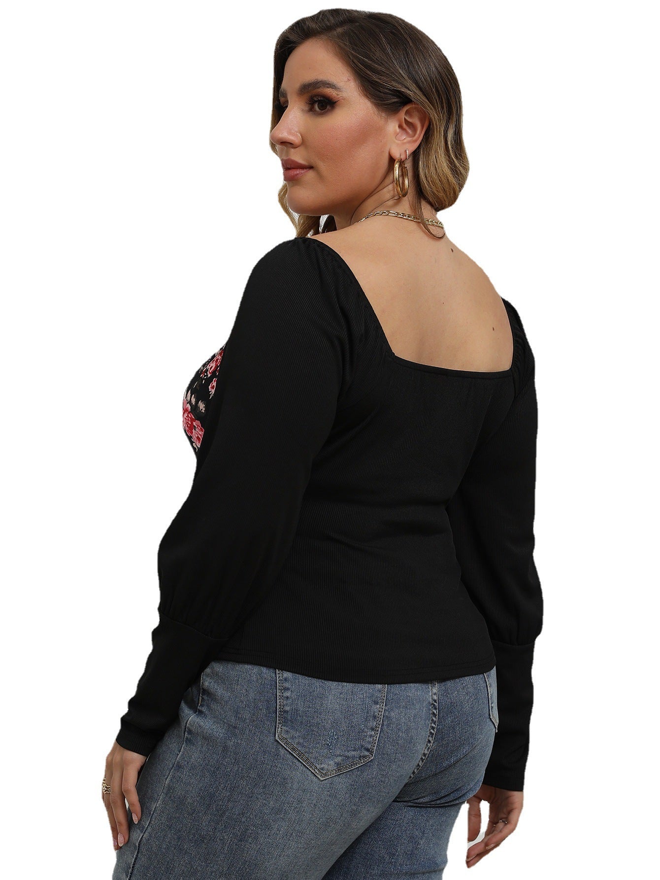 Plus Size Floral Squre Neck Spliced Top